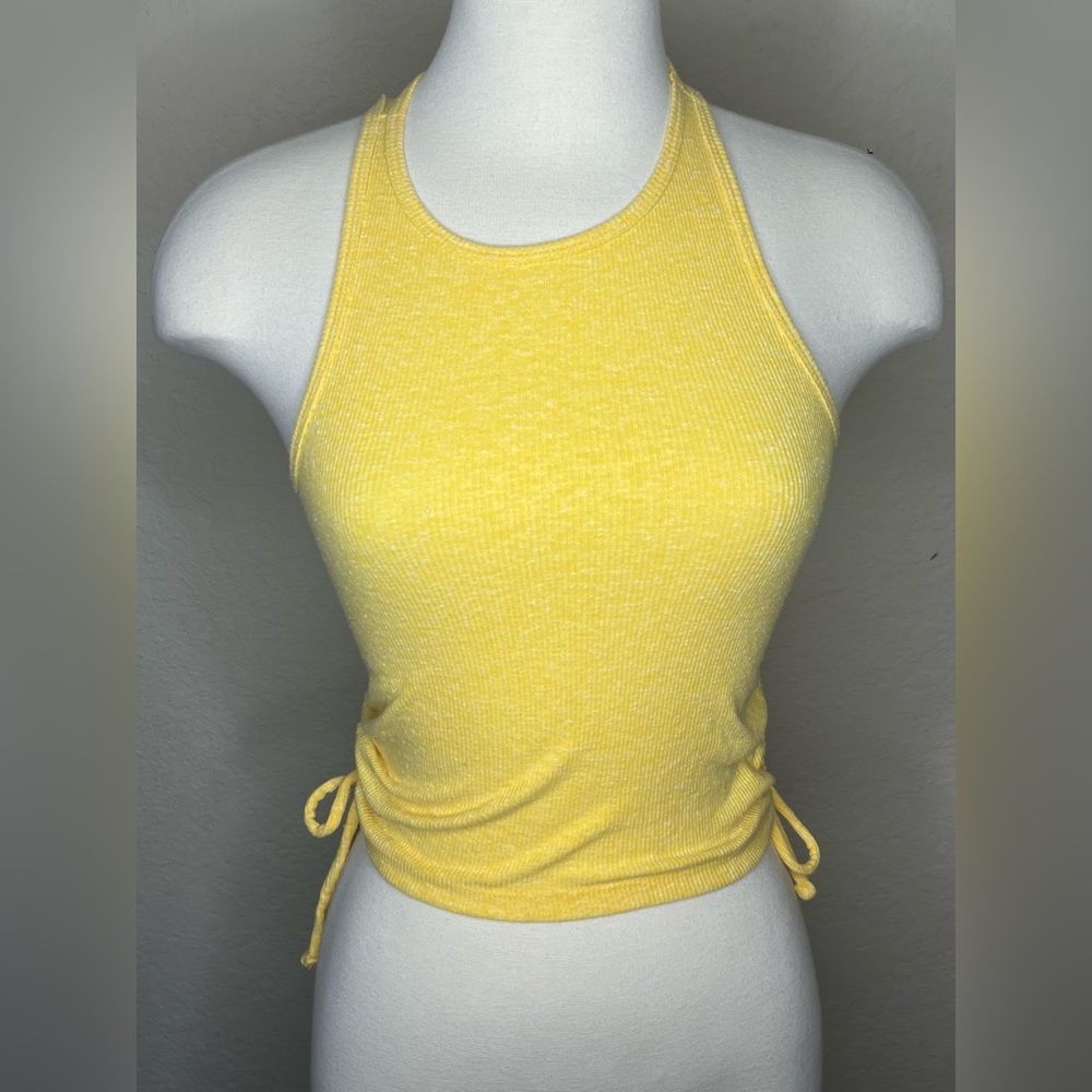 SO Yellow Ribbed Tank Top Size S Crop Side Tie Cinched Sleeveless 90s Trendy Y2K